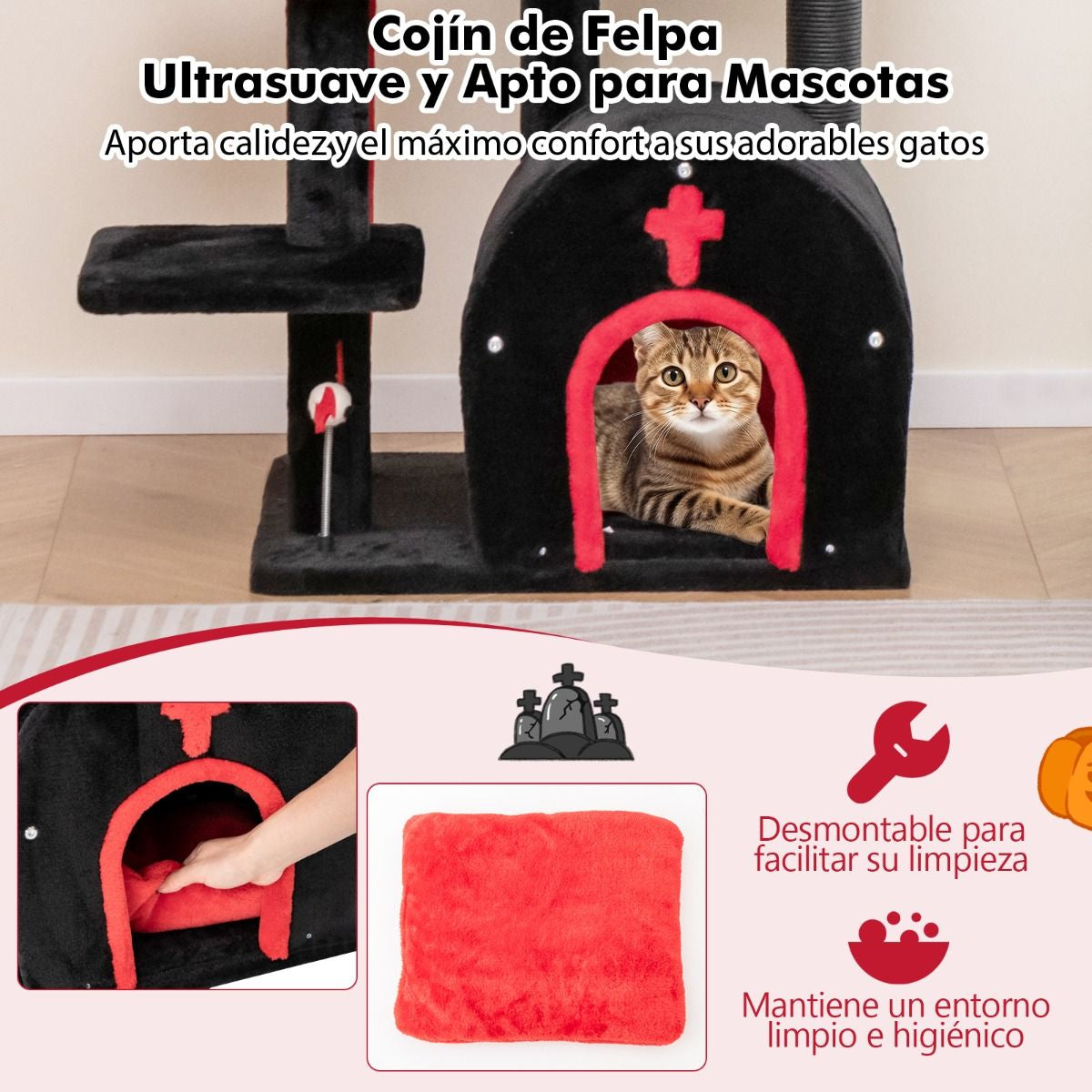 Torre Gótica para Gatos de 134 cm - Centro de Actividades de 6 Niveles con Cama Pompón y Bolas de Resorte en Rojo y Negro