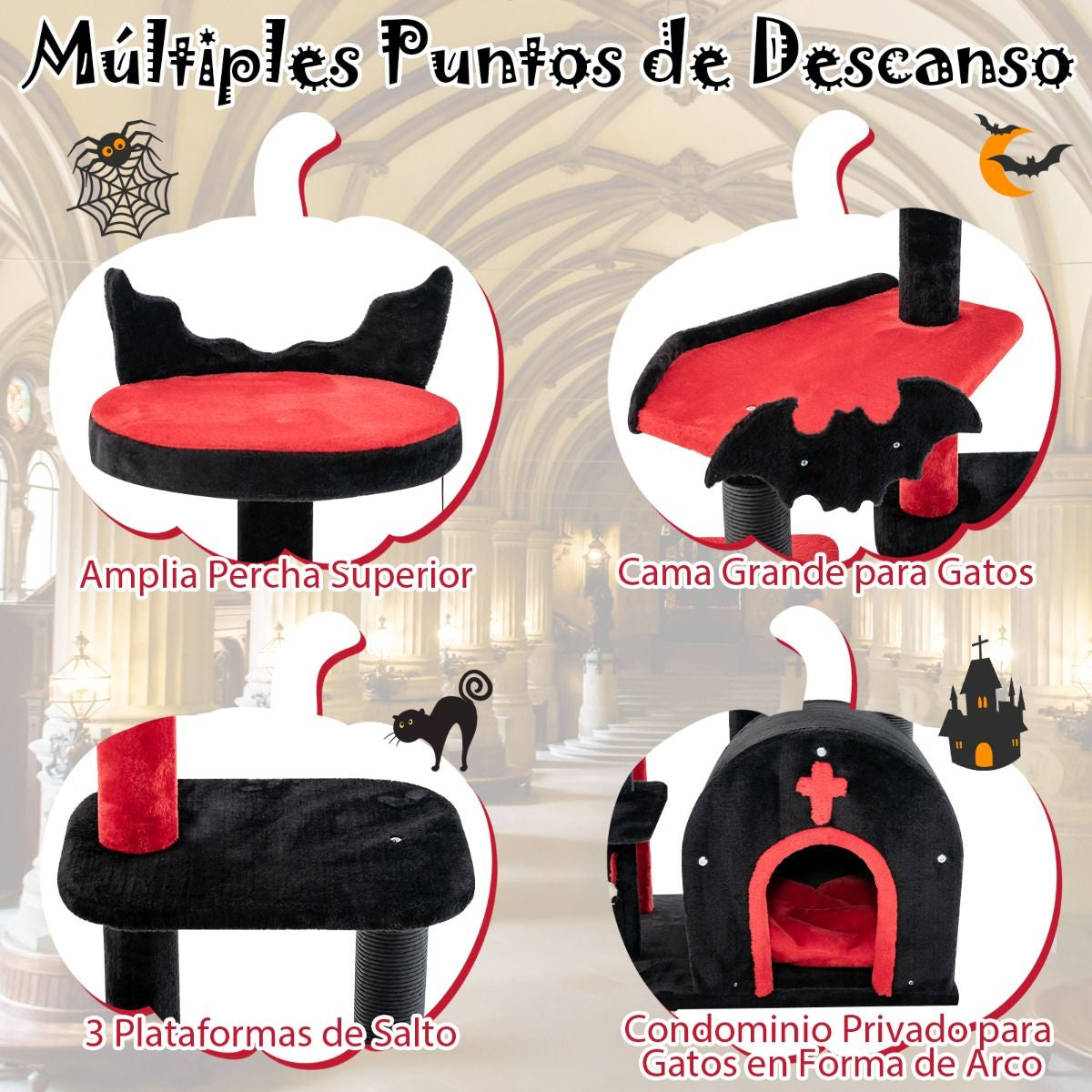 Torre Gótica para Gatos de 134 cm - Centro de Actividades de 6 Niveles con Cama Pompón y Bolas de Resorte en Rojo y Negro
