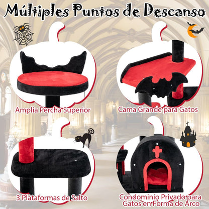 Torre Gótica para Gatos de 134 cm - Centro de Actividades de 6 Niveles con Cama Pompón y Bolas de Resorte en Rojo y Negro