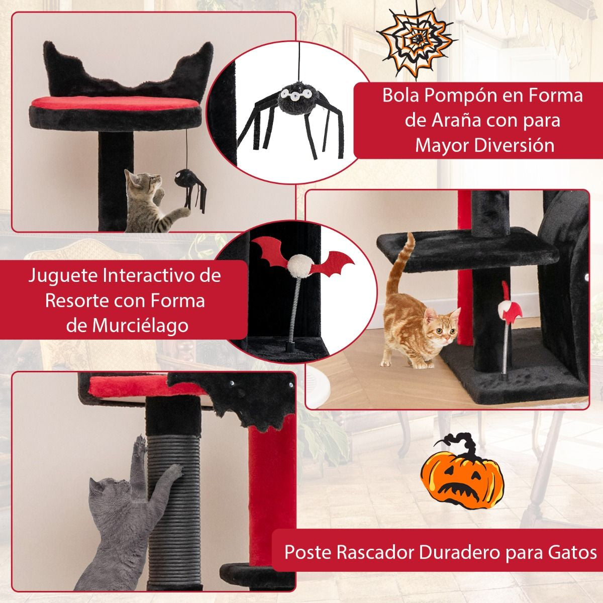 Torre Gótica para Gatos de 134 cm - Centro de Actividades de 6 Niveles con Cama Pompón y Bolas de Resorte en Rojo y Negro