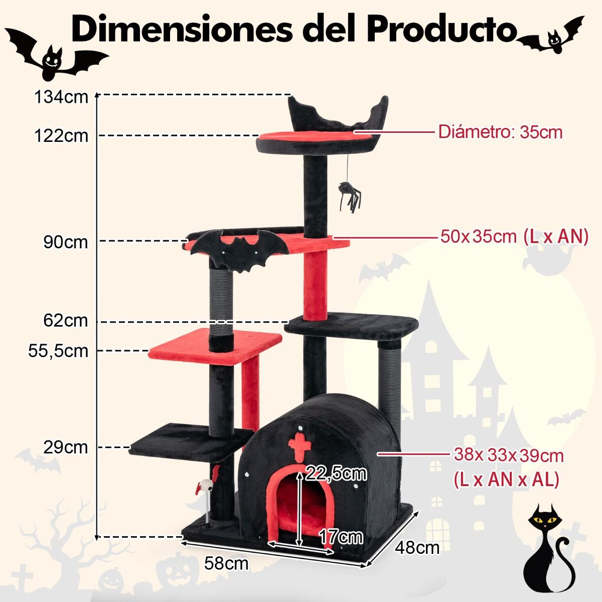 Torre Gótica para Gatos de 134 cm - Centro de Actividades de 6 Niveles con Cama Pompón y Bolas de Resorte en Rojo y Negro