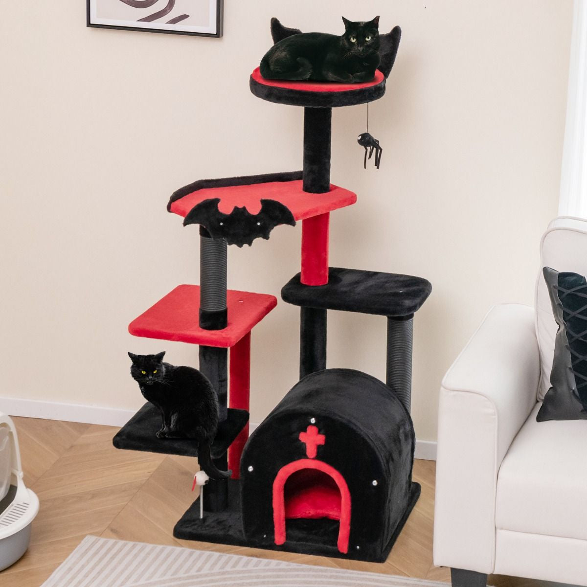 Torre Gótica para Gatos de 134 cm - Centro de Actividades de 6 Niveles con Cama Pompón y Bolas de Resorte en Rojo y Negro