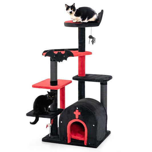 Torre Gótica para Gatos de 134 cm - Centro de Actividades de 6 Niveles con Cama Pompón y Bolas de Resorte en Rojo y Negro